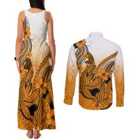 Hawaii Couples Matching Tank Maxi Dress and Long Sleeve Button Shirts Polynesian Shark Tattoo With Plumeria Orange Gradient LT14 - Polynesian Pride