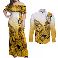 Hawaii Couples Matching Off Shoulder Maxi Dress and Long Sleeve Button Shirts Polynesian Shark Tattoo With Plumeria Gold Gradient LT14 Gold - Polynesian Pride