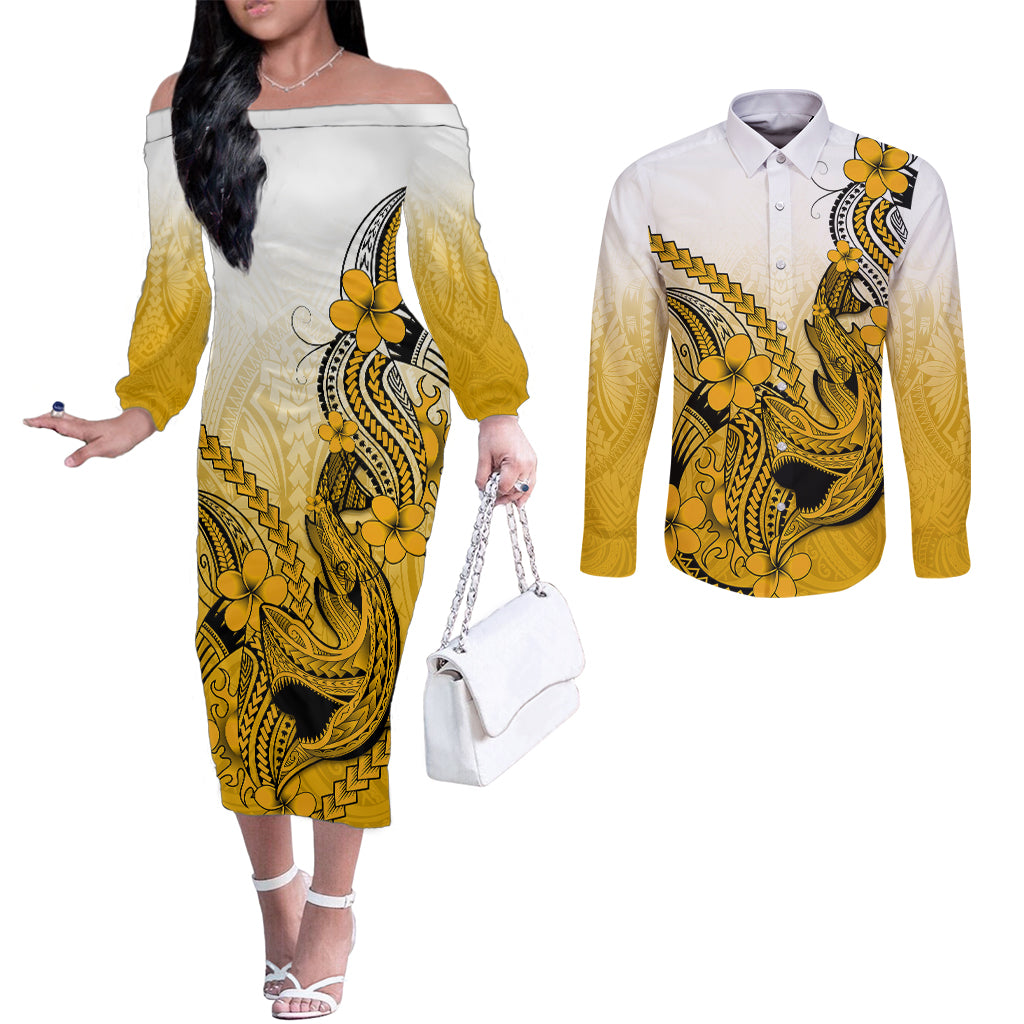Hawaii Couples Matching Off The Shoulder Long Sleeve Dress and Long Sleeve Button Shirts Polynesian Shark Tattoo With Plumeria Gold Gradient LT14 Gold - Polynesian Pride