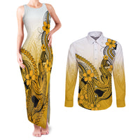 Hawaii Couples Matching Tank Maxi Dress and Long Sleeve Button Shirts Polynesian Shark Tattoo With Plumeria Gold Gradient LT14 Gold - Polynesian Pride