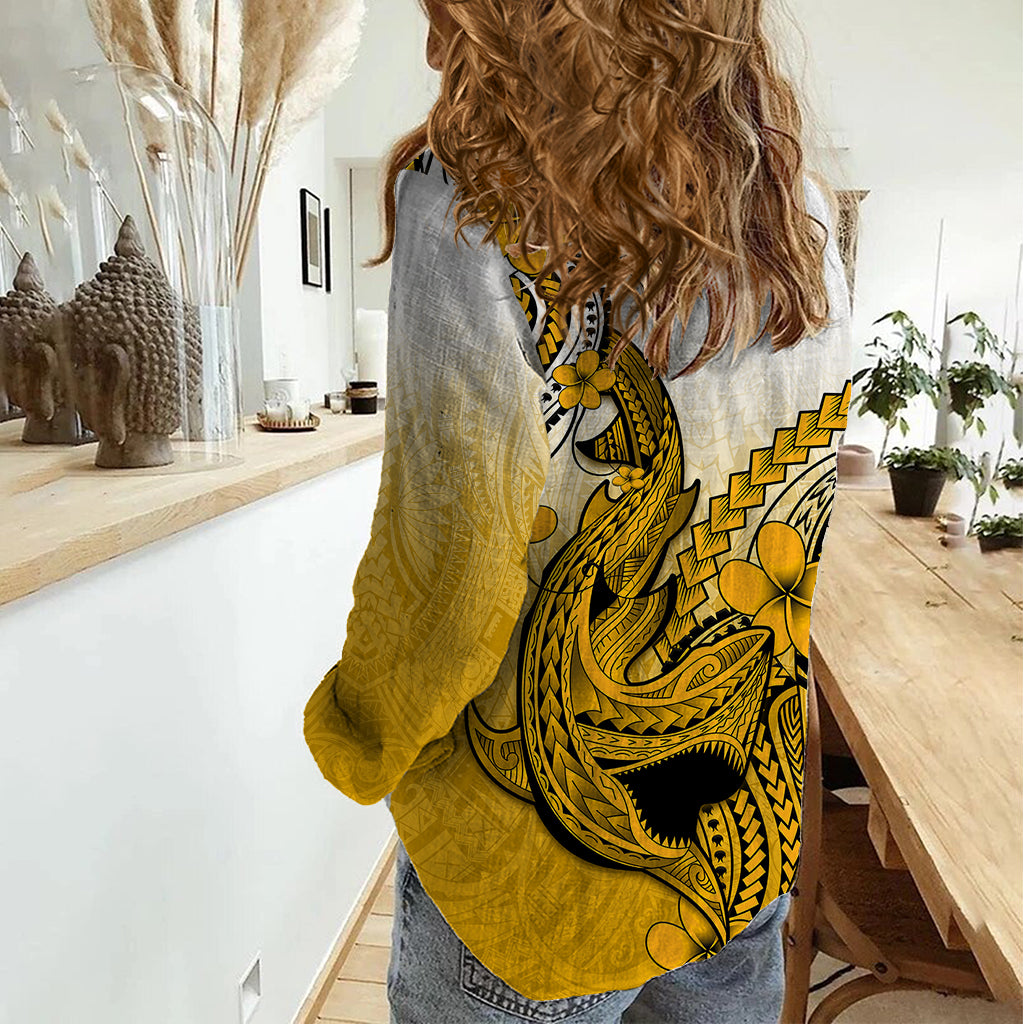 Hawaii Women Casual Shirt Polynesian Shark Tattoo With Plumeria Gold Gradient LT14 - Polynesian Pride
