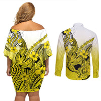 Hawaii Couples Matching Off Shoulder Short Dress and Long Sleeve Button Shirts Polynesian Shark Tattoo With Plumeria Yellow Gradient LT14 - Polynesian Pride