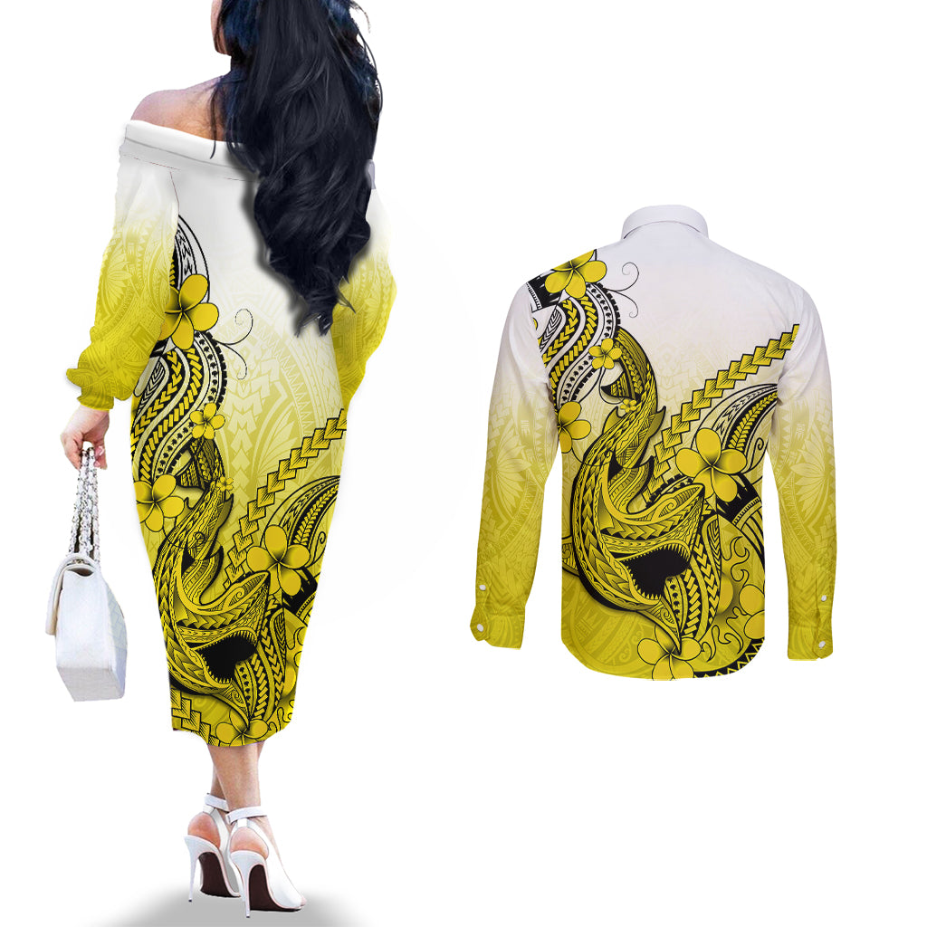 Hawaii Couples Matching Off The Shoulder Long Sleeve Dress and Long Sleeve Button Shirts Polynesian Shark Tattoo With Plumeria Yellow Gradient LT14 - Polynesian Pride