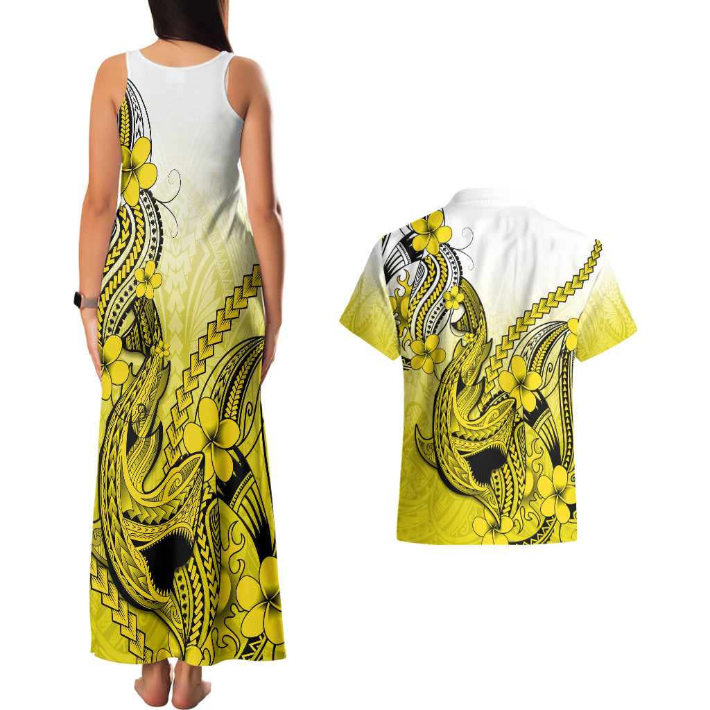 Hawaii Couples Matching Tank Maxi Dress And Hawaiian Shirt Polynesian Shark Tattoo With Plumeria Yellow Gradient LT14 - Polynesian Pride