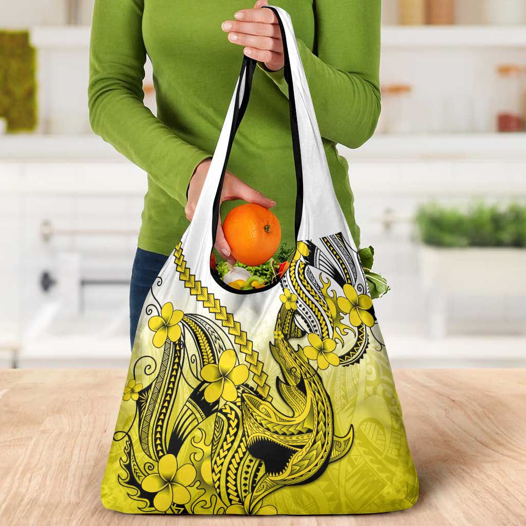 Yellow Gradient Hawaii Grocery Bag Polynesian Shark Tattoo With Plumeria LT14 - Polynesian Pride