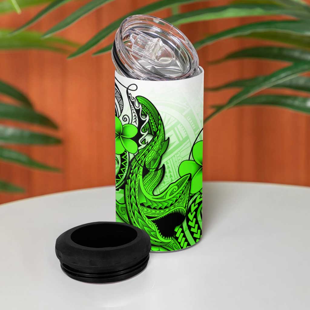 Hawaii 4 in 1 Can Cooler Tumbler Polynesian Shark Tattoo With Plumeria Green Gradient