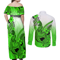 Hawaii Couples Matching Off Shoulder Maxi Dress and Long Sleeve Button Shirts Polynesian Shark Tattoo With Plumeria Green Gradient LT14 - Polynesian Pride