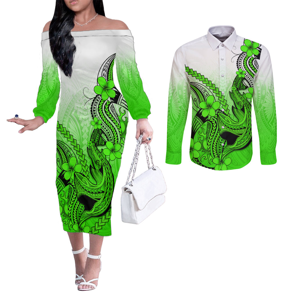 Hawaii Couples Matching Off The Shoulder Long Sleeve Dress and Long Sleeve Button Shirts Polynesian Shark Tattoo With Plumeria Green Gradient LT14 Green - Polynesian Pride