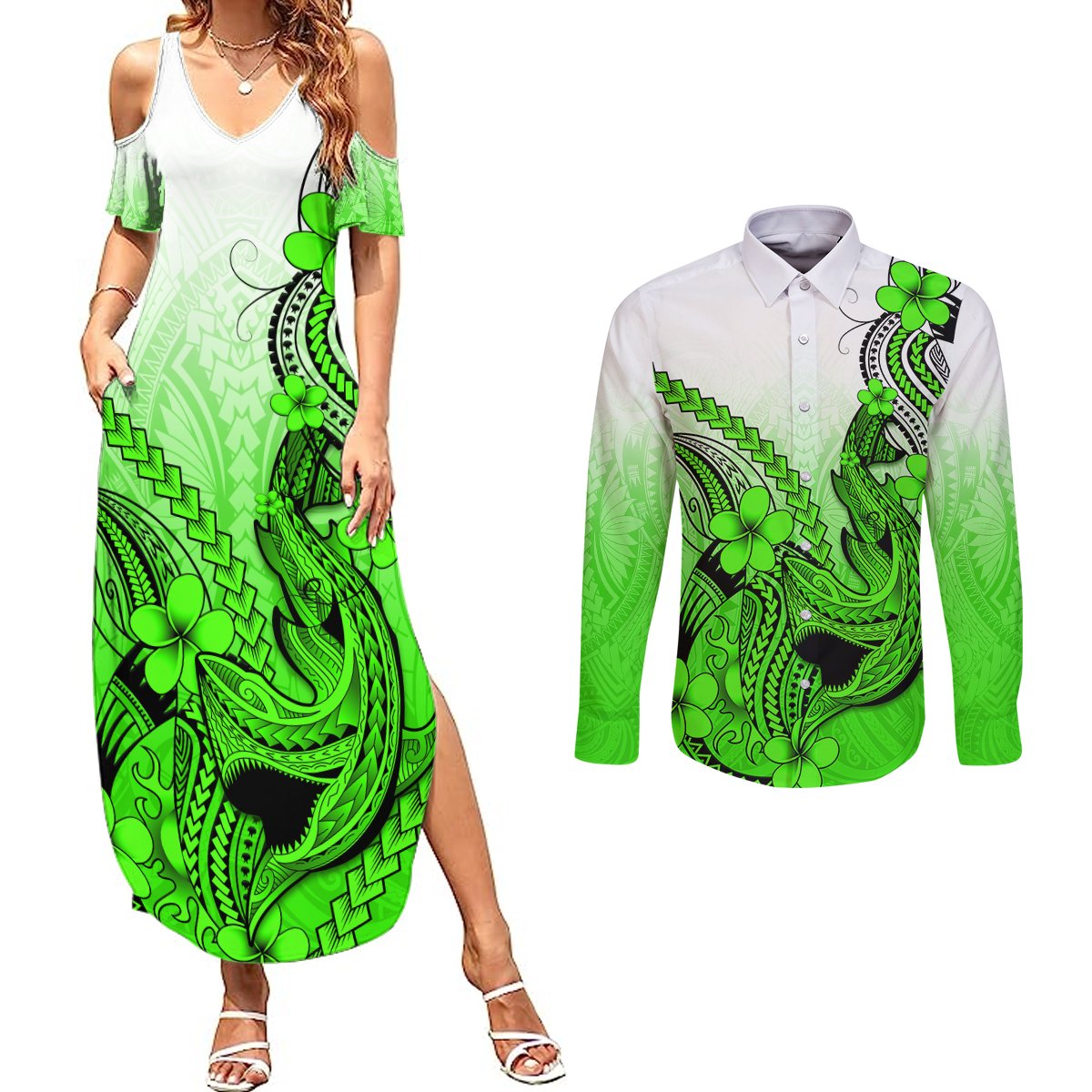 Hawaii Couples Matching Summer Maxi Dress and Long Sleeve Button Shirts Polynesian Shark Tattoo With Plumeria Green Gradient LT14 Green - Polynesian Pride