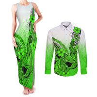 Hawaii Couples Matching Tank Maxi Dress and Long Sleeve Button Shirts Polynesian Shark Tattoo With Plumeria Green Gradient LT14 Green - Polynesian Pride