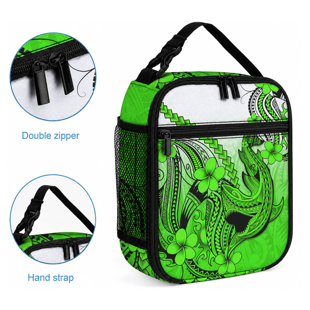 Hawaii Lunch Bag Polynesian Shark Tattoo With Plumeria Green Gradient LT14 - Polynesian Pride