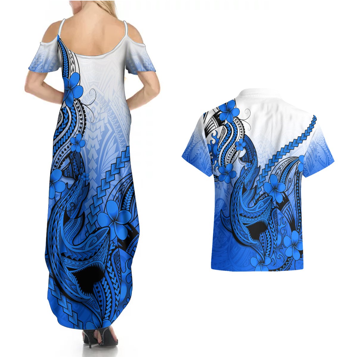 Hawaii Couples Matching Summer Maxi Dress and Hawaiian Shirt Polynesian Shark Tattoo With Plumeria Blue Gradient LT14 - Polynesian Pride