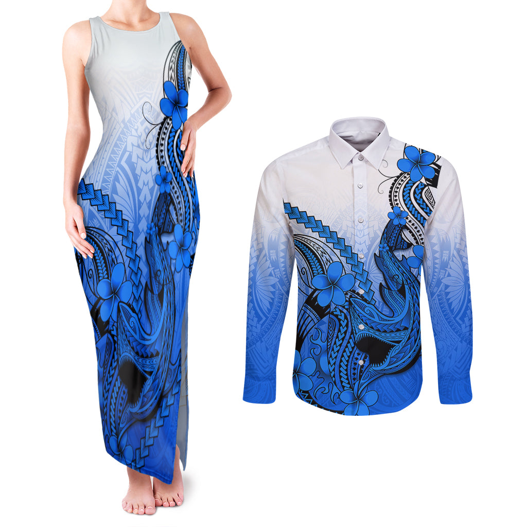 Hawaii Couples Matching Tank Maxi Dress and Long Sleeve Button Shirts Polynesian Shark Tattoo With Plumeria Blue Gradient LT14 Blue - Polynesian Pride