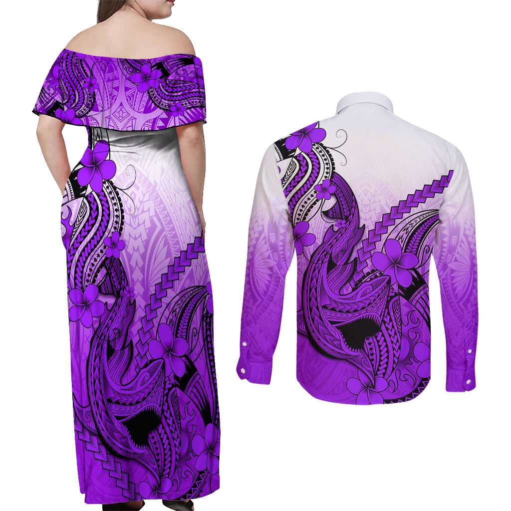 Hawaii Couples Matching Off Shoulder Maxi Dress and Long Sleeve Button Shirts Polynesian Shark Tattoo With Plumeria Purple Gradient LT14 - Polynesian Pride