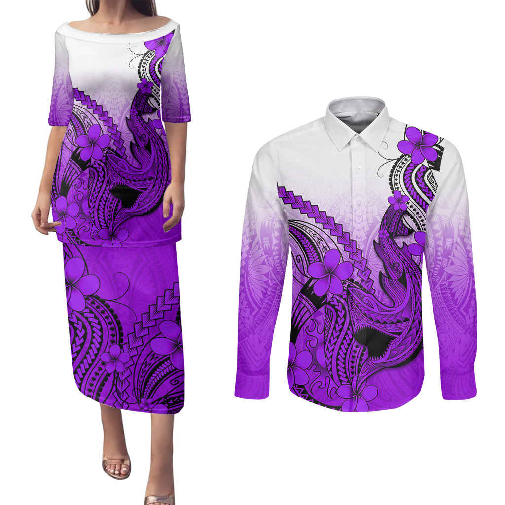 Hawaii Couples Matching Puletasi Dress and Long Sleeve Button Shirts Polynesian Shark Tattoo With Plumeria Purple Gradient LT14 Purple - Polynesian Pride