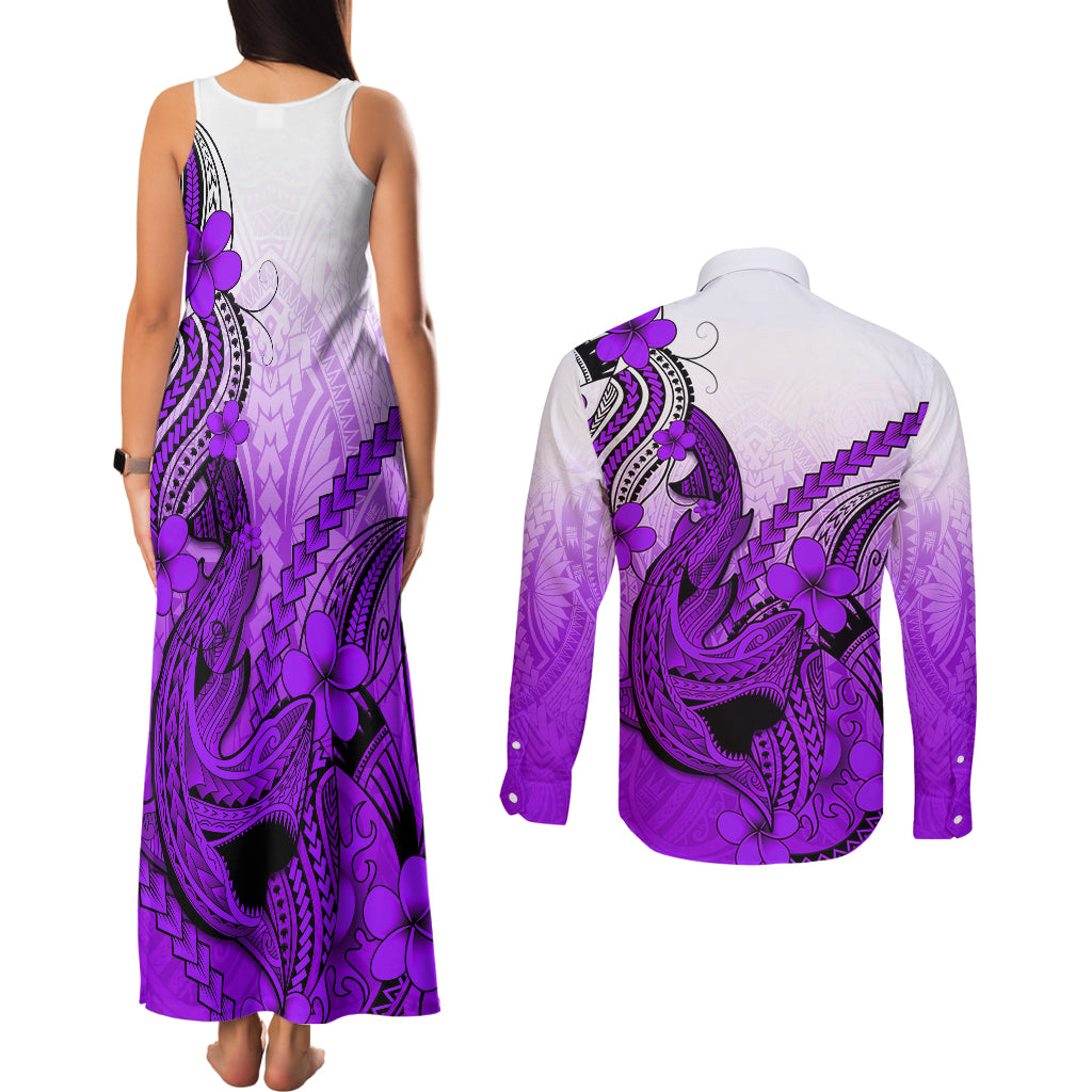 Hawaii Couples Matching Tank Maxi Dress and Long Sleeve Button Shirts Polynesian Shark Tattoo With Plumeria Purple Gradient LT14 - Polynesian Pride