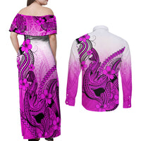 Hawaii Couples Matching Off Shoulder Maxi Dress and Long Sleeve Button Shirts Polynesian Shark Tattoo With Plumeria Pink Gradient LT14 - Polynesian Pride