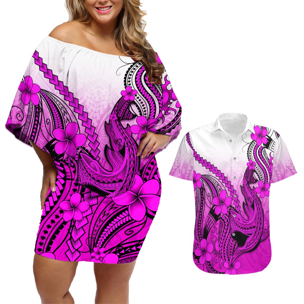 Hawaii Couples Matching Off Shoulder Short Dress and Hawaiian Shirt Polynesian Shark Tattoo With Plumeria Pink Gradient LT14 Pink - Polynesian Pride