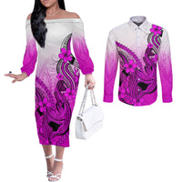 Hawaii Couples Matching Off The Shoulder Long Sleeve Dress and Long Sleeve Button Shirts Polynesian Shark Tattoo With Plumeria Pink Gradient LT14 Pink - Polynesian Pride
