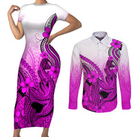 Hawaii Couples Matching Short Sleeve Bodycon Dress and Long Sleeve Button Shirts Polynesian Shark Tattoo With Plumeria Pink Gradient LT14 Pink - Polynesian Pride