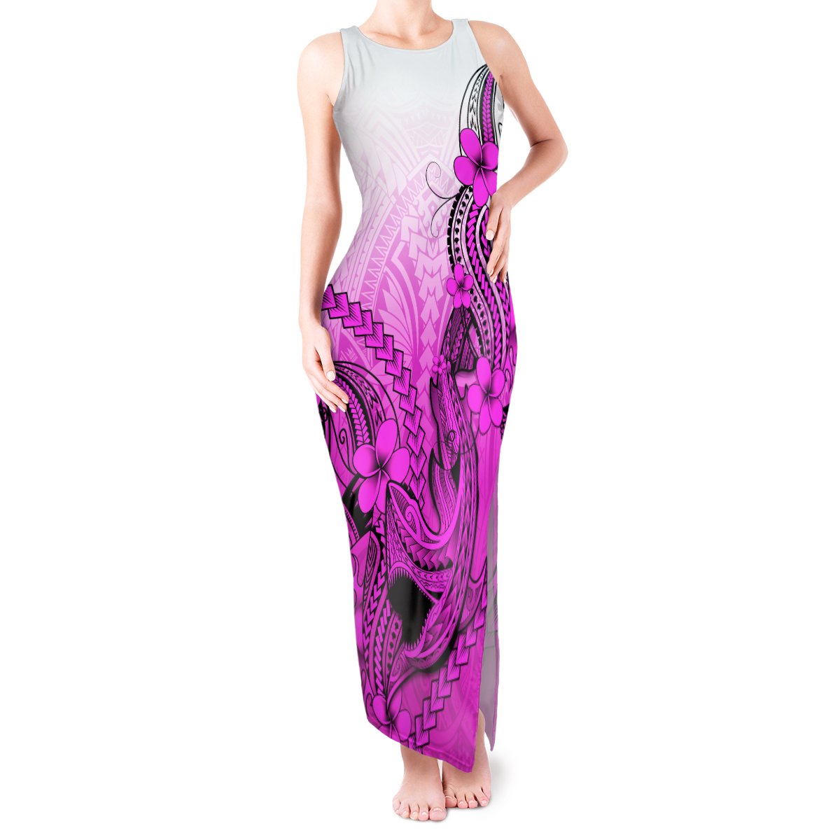 Hawaii Tank Maxi Dress Polynesian Shark Tattoo With Plumeria Pink Gradient LT14 Women Pink - Polynesian Pride