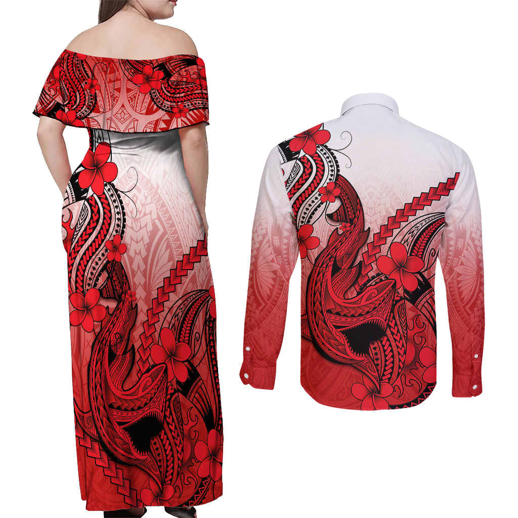 Hawaii Couples Matching Off Shoulder Maxi Dress and Long Sleeve Button Shirts Polynesian Shark Tattoo With Plumeria Red Gradient LT14 - Polynesian Pride