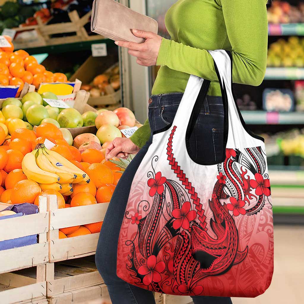 Red Gradient Hawaii Grocery Bag Polynesian Shark Tattoo With Plumeria LT14 - Polynesian Pride