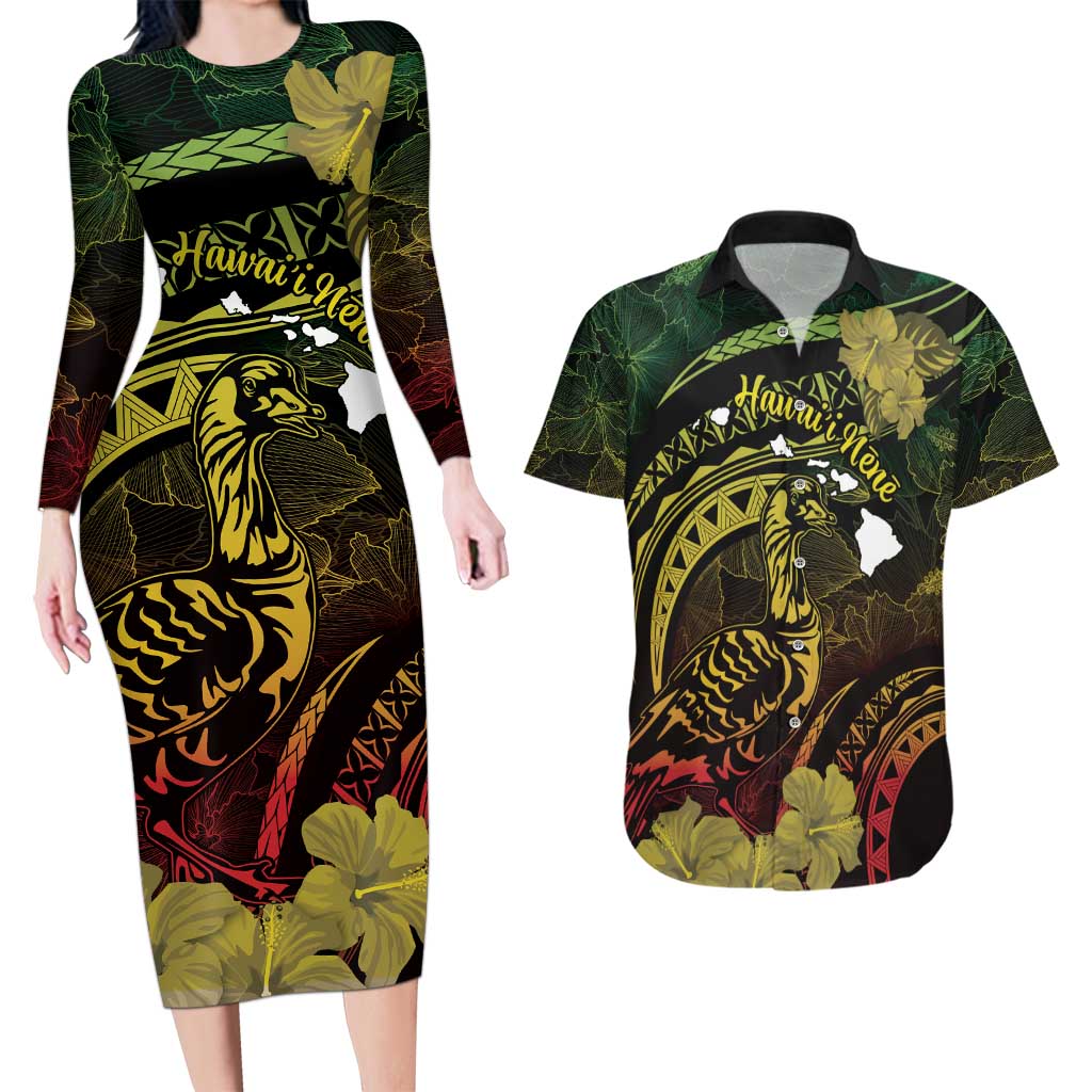 Personalised Hawaii Nene Goose Couples Matching Long Sleeve Bodycon Dress and Hawaiian Shirt Hawaiian Map Hibiscus Polynesian Art - Reggae Gradient LT14 Reggae - Polynesian Pride