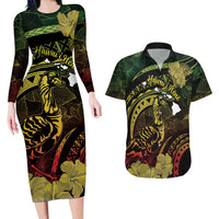 Personalised Hawaii Nene Goose Couples Matching Long Sleeve Bodycon Dress and Hawaiian Shirt Hawaiian Map Hibiscus Polynesian Art - Reggae Gradient LT14 Reggae - Polynesian Pride