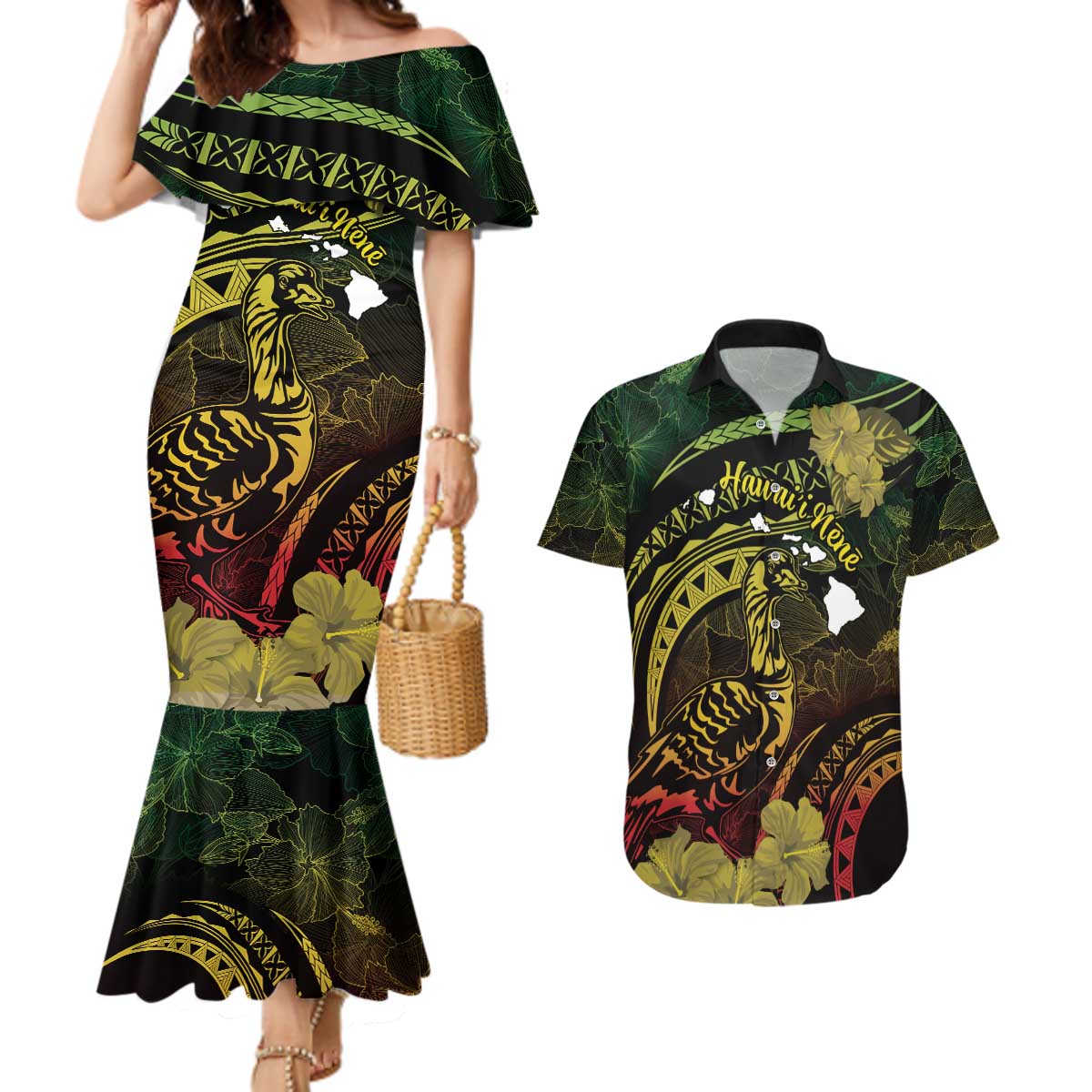 Personalised Hawaii Nene Goose Couples Matching Mermaid Dress and Hawaiian Shirt Hawaiian Map Hibiscus Polynesian Art - Reggae Gradient LT14 Reggae - Polynesian Pride