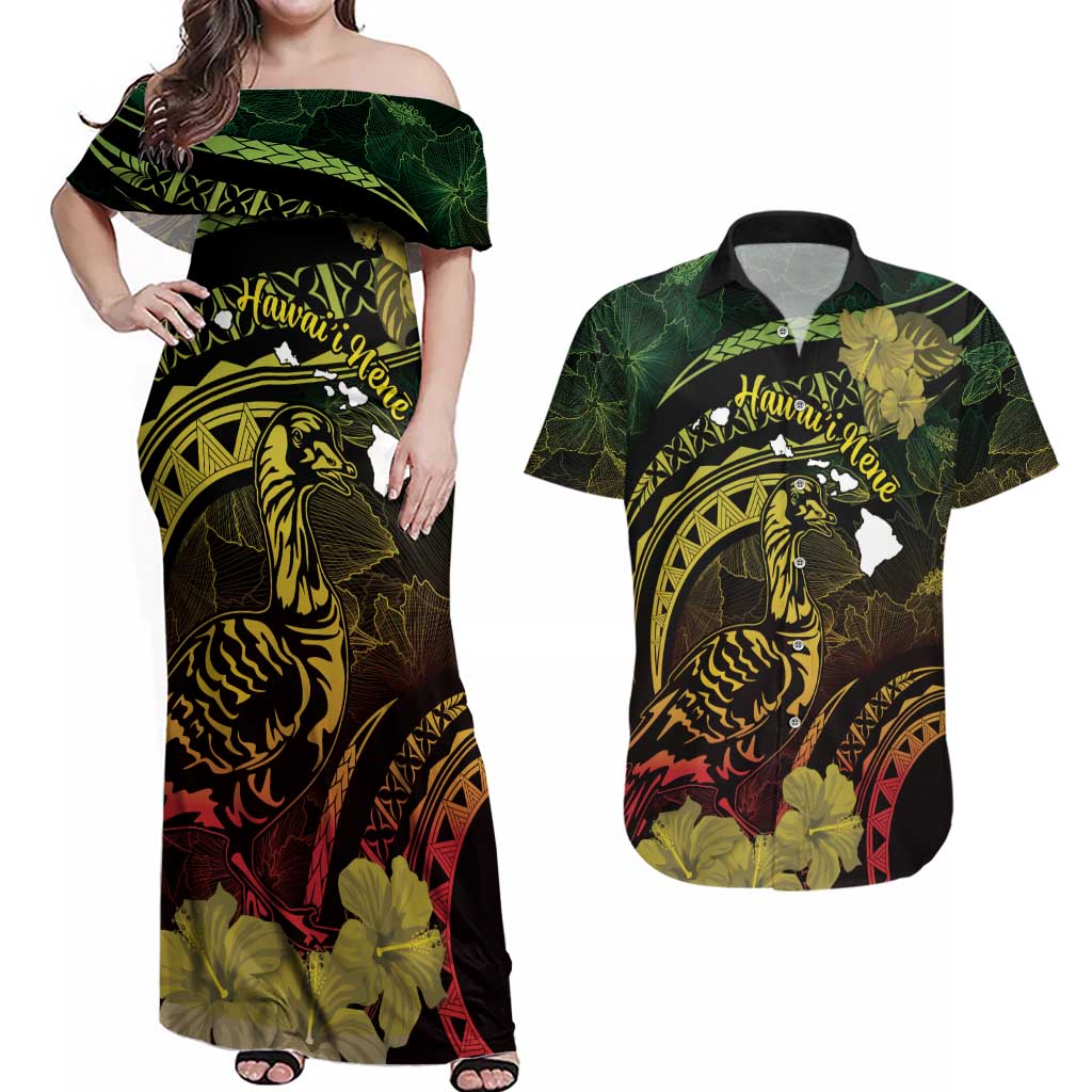 Personalised Hawaii Nene Goose Couples Matching Off Shoulder Maxi Dress and Hawaiian Shirt Hawaiian Map Hibiscus Polynesian Art - Reggae Gradient LT14 Reggae - Polynesian Pride