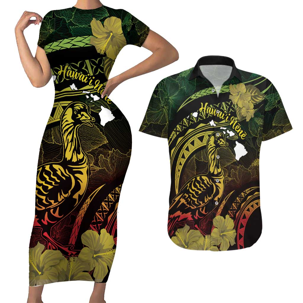 Personalised Hawaii Nene Goose Couples Matching Short Sleeve Bodycon Dress and Hawaiian Shirt Hawaiian Map Hibiscus Polynesian Art - Reggae Gradient LT14 Reggae - Polynesian Pride