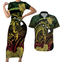 Personalised Hawaii Nene Goose Couples Matching Short Sleeve Bodycon Dress and Hawaiian Shirt Hawaiian Map Hibiscus Polynesian Art - Reggae Gradient LT14 Reggae - Polynesian Pride