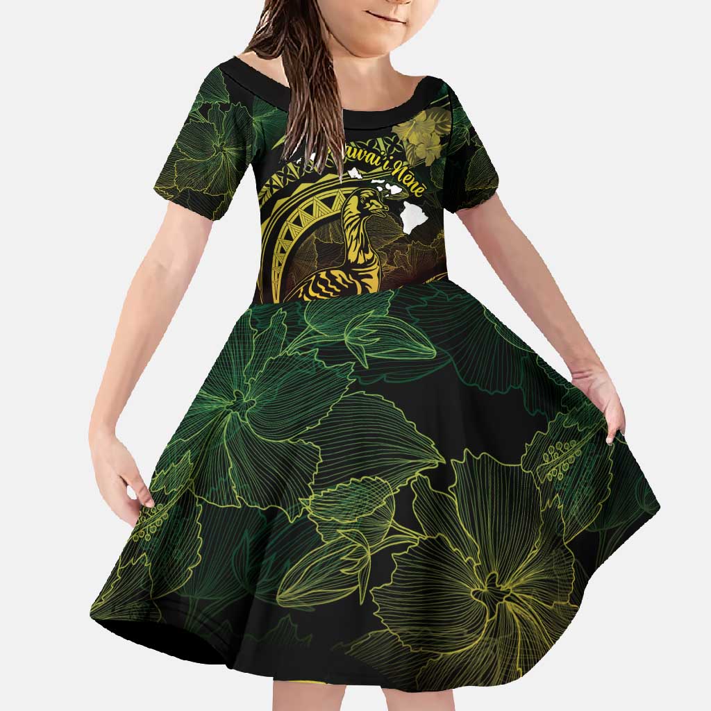 Personalised Hawaii Nene Goose Family Matching Off Shoulder Maxi Dress and Hawaiian Shirt Hawaiian Map Hibiscus Polynesian Art - Reggae Gradient LT14 Daughter's Dress Reggae - Polynesian Pride