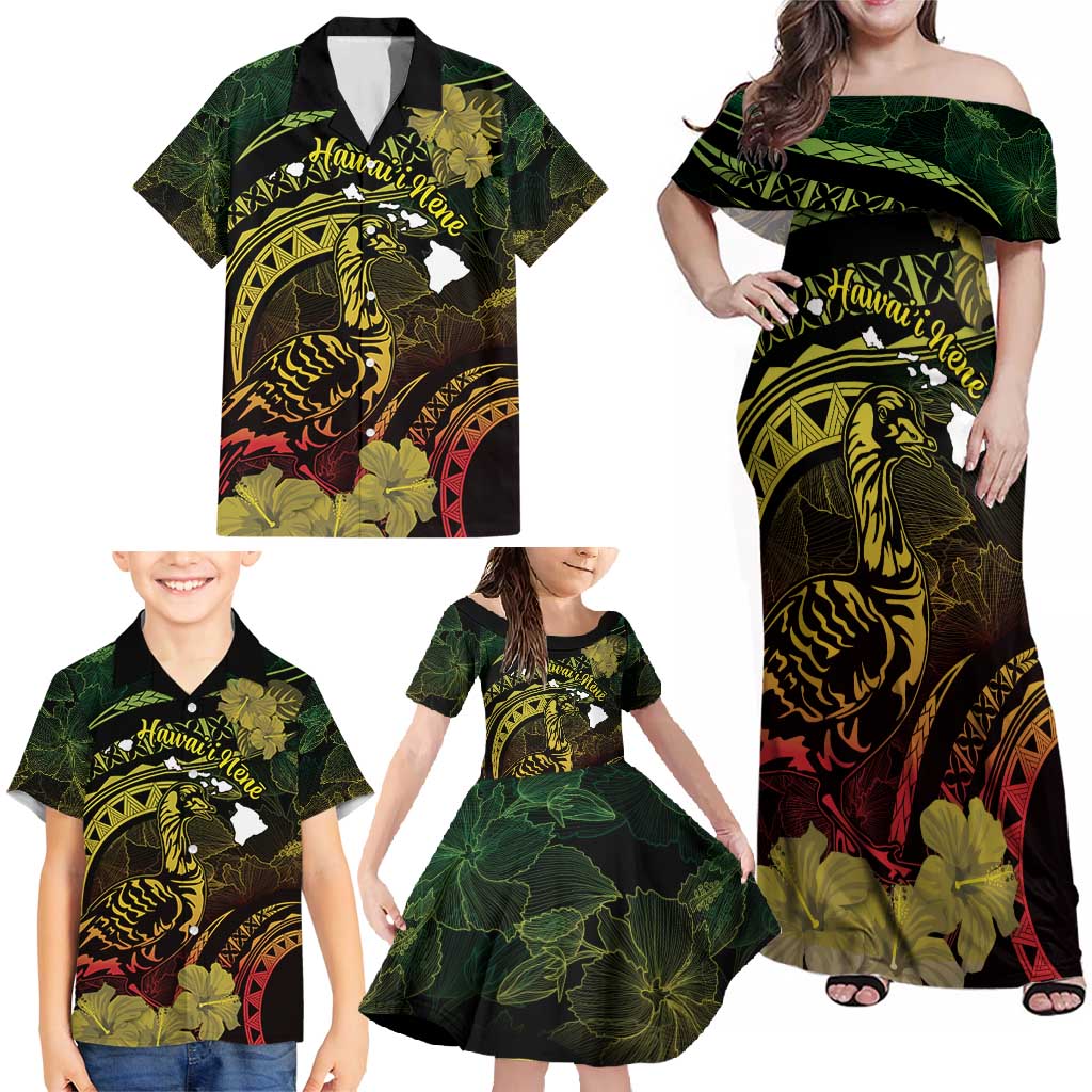 Personalised Hawaii Nene Goose Family Matching Off Shoulder Maxi Dress and Hawaiian Shirt Hawaiian Map Hibiscus Polynesian Art - Reggae Gradient LT14 - Polynesian Pride