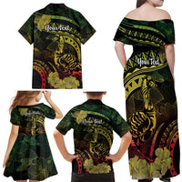 Personalised Hawaii Nene Goose Family Matching Off Shoulder Maxi Dress and Hawaiian Shirt Hawaiian Map Hibiscus Polynesian Art - Reggae Gradient LT14 - Polynesian Pride