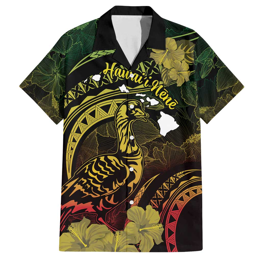 Personalised Hawaii Nene Goose Family Matching Off Shoulder Maxi Dress and Hawaiian Shirt Hawaiian Map Hibiscus Polynesian Art - Reggae Gradient LT14 Dad's Shirt - Short Sleeve Reggae - Polynesian Pride