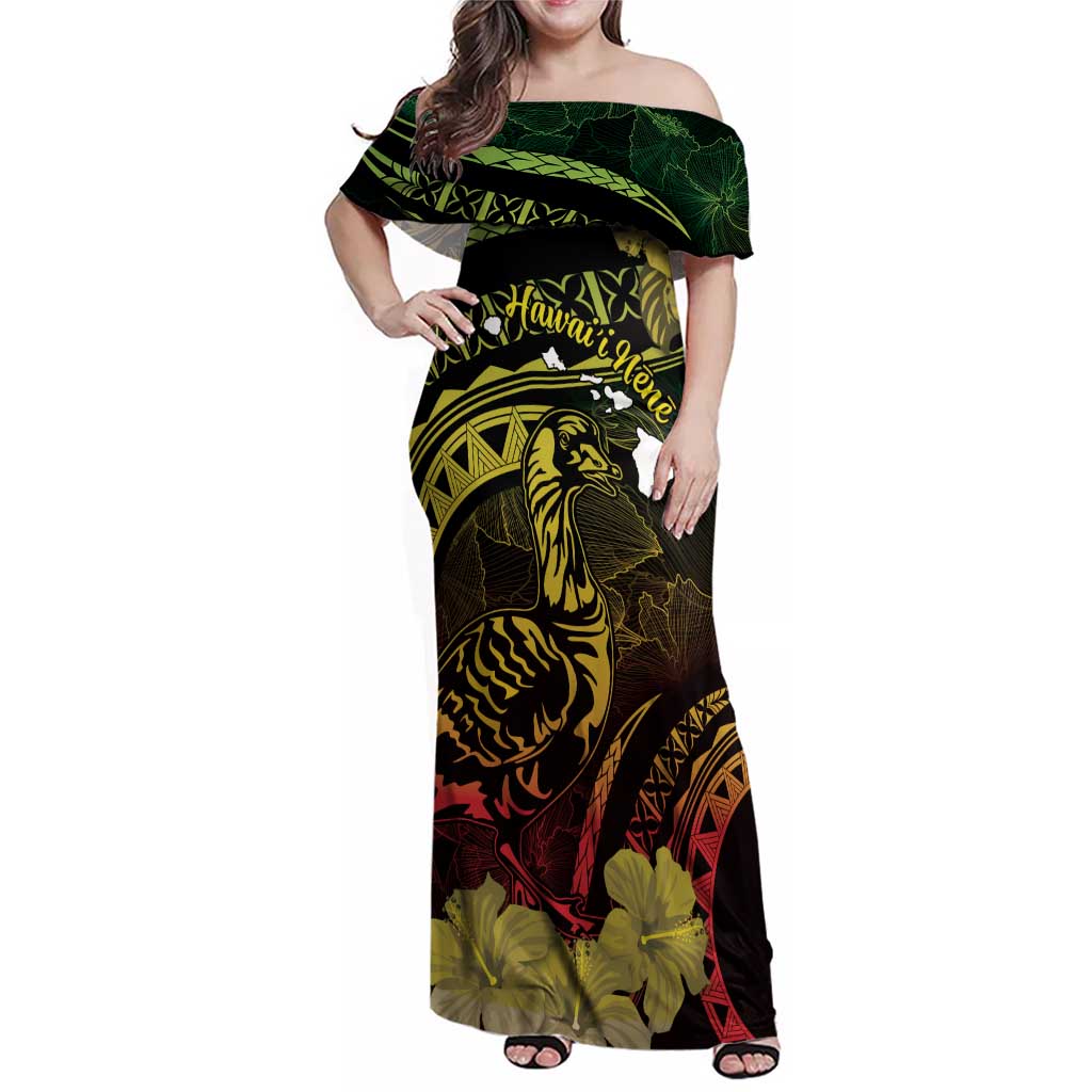 Personalised Hawaii Nene Goose Family Matching Off Shoulder Maxi Dress and Hawaiian Shirt Hawaiian Map Hibiscus Polynesian Art - Reggae Gradient LT14 Mom's Dress Reggae - Polynesian Pride