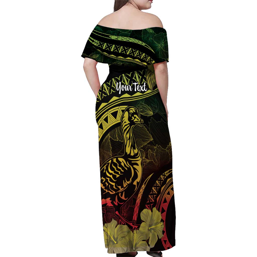 Personalised Hawaii Nene Goose Family Matching Off Shoulder Maxi Dress and Hawaiian Shirt Hawaiian Map Hibiscus Polynesian Art - Reggae Gradient LT14 - Polynesian Pride