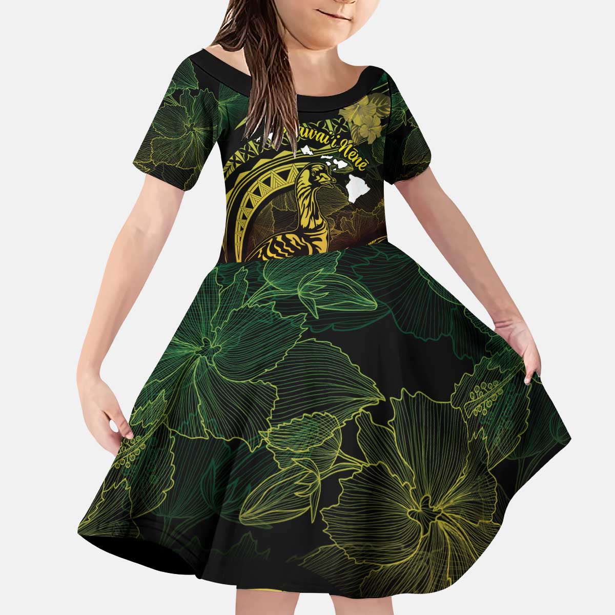 Personalised Hawaii Nene Goose Family Matching Puletasi and Hawaiian Shirt Hawaiian Map Hibiscus Polynesian Art - Reggae Gradient LT14 Daughter's Dress Reggae - Polynesian Pride