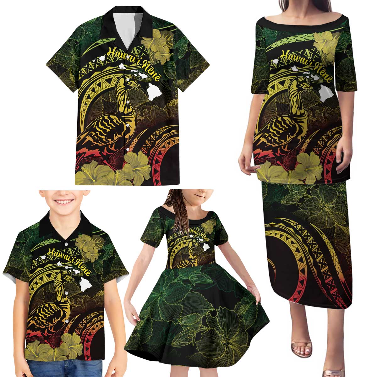 Personalised Hawaii Nene Goose Family Matching Puletasi and Hawaiian Shirt Hawaiian Map Hibiscus Polynesian Art - Reggae Gradient LT14 - Polynesian Pride