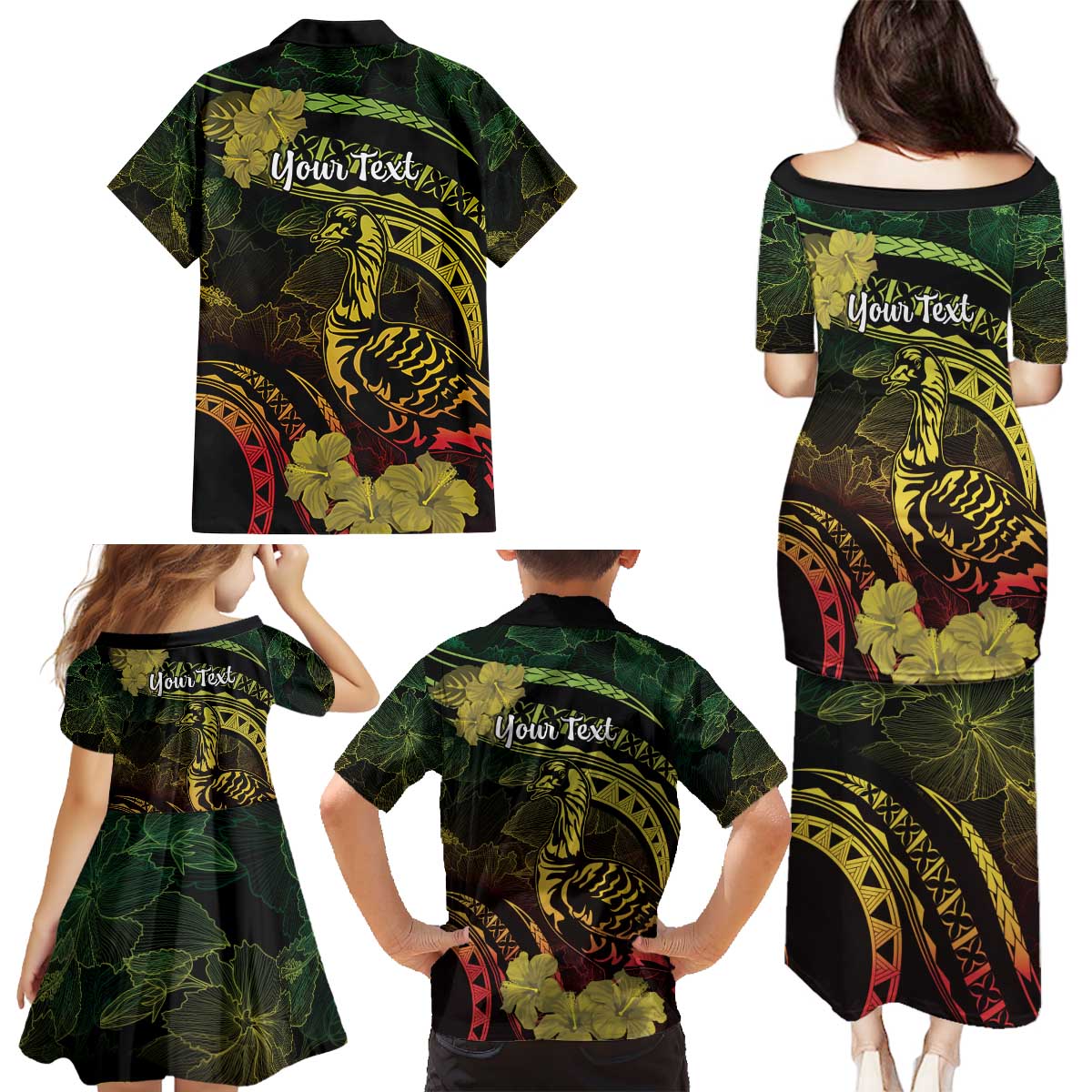 Personalised Hawaii Nene Goose Family Matching Puletasi and Hawaiian Shirt Hawaiian Map Hibiscus Polynesian Art - Reggae Gradient LT14 - Polynesian Pride