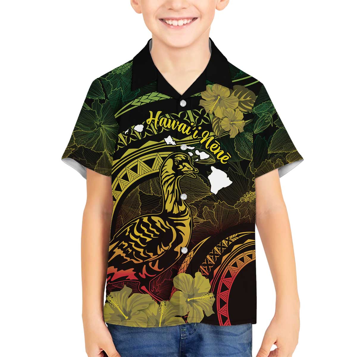 Personalised Hawaii Nene Goose Family Matching Puletasi and Hawaiian Shirt Hawaiian Map Hibiscus Polynesian Art - Reggae Gradient LT14 Son's Shirt Reggae - Polynesian Pride