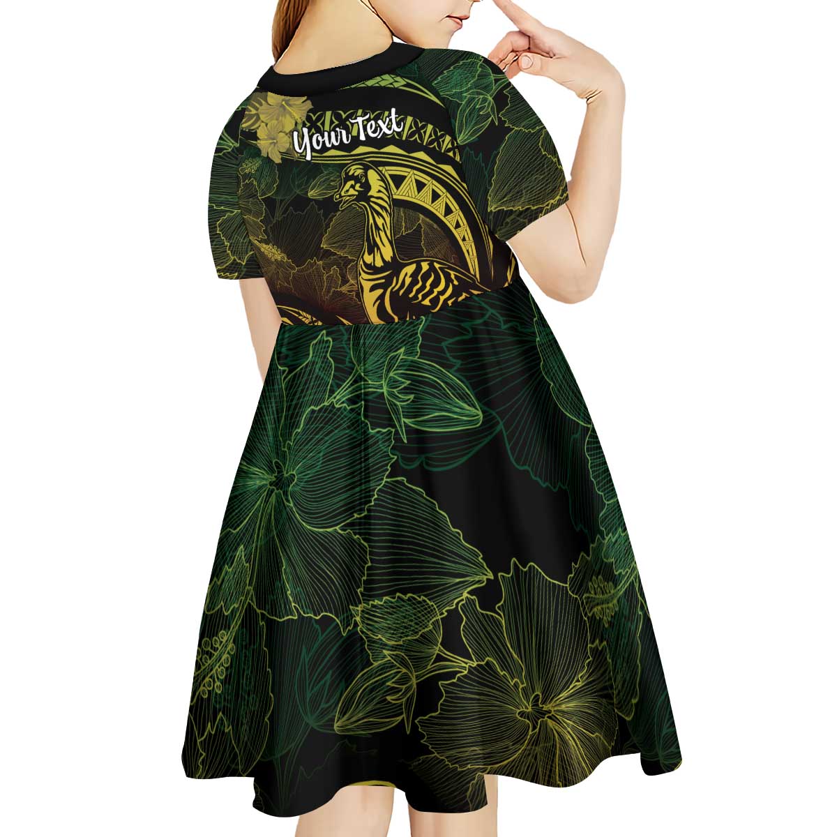 Personalised Hawaii Nene Goose Kid Short Sleeve Dress Hawaiian Map Hibiscus Polynesian Art - Reggae Gradient