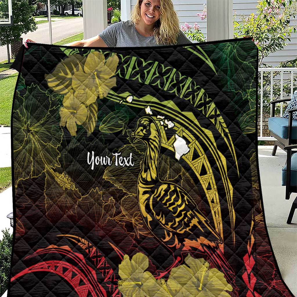 Personalised Hawaii Nene Goose Quilt Hawaiian Map Hibiscus Polynesian Art - Reggae Gradient LT14 Reggae - Polynesian Pride