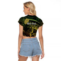 Personalised Hawaii Nene Goose Raglan Cropped T Shirt Hawaiian Map Hibiscus Polynesian Art - Reggae Gradient LT14 - Polynesian Pride
