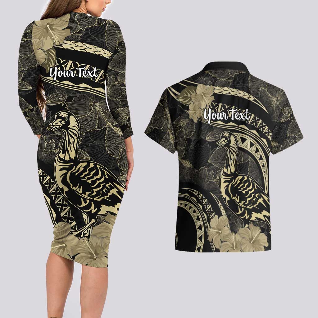 Personalised Hawaii Nene Goose Couples Matching Long Sleeve Bodycon Dress and Hawaiian Shirt Hawaiian Map Hibiscus Polynesian Art - Beige LT14 - Polynesian Pride