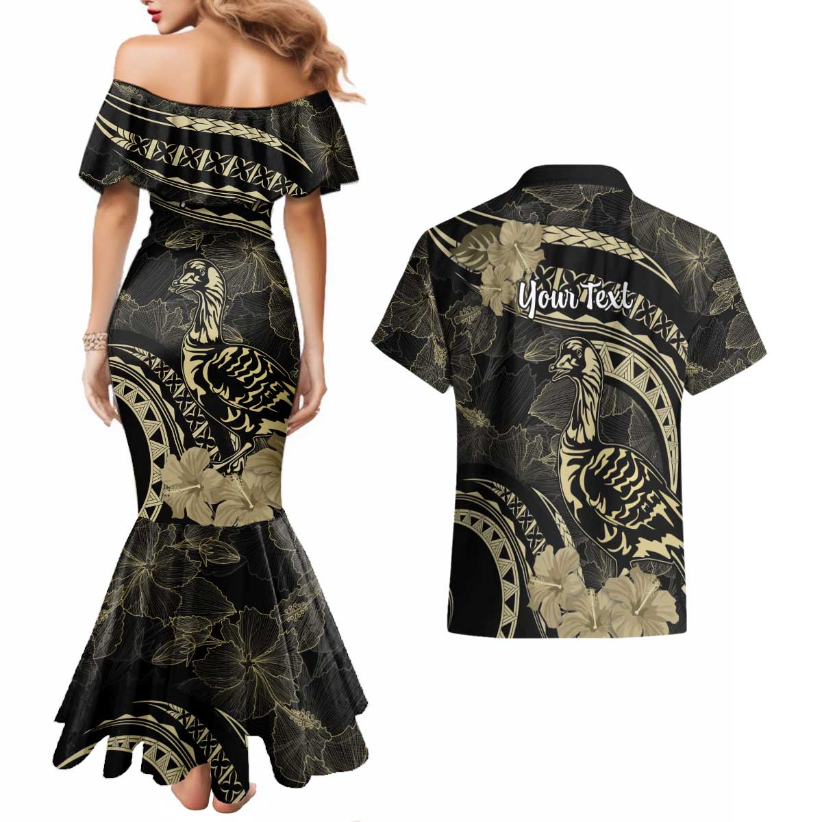 Personalised Hawaii Nene Goose Couples Matching Mermaid Dress and Hawaiian Shirt Hawaiian Map Hibiscus Polynesian Art - Beige LT14 - Polynesian Pride