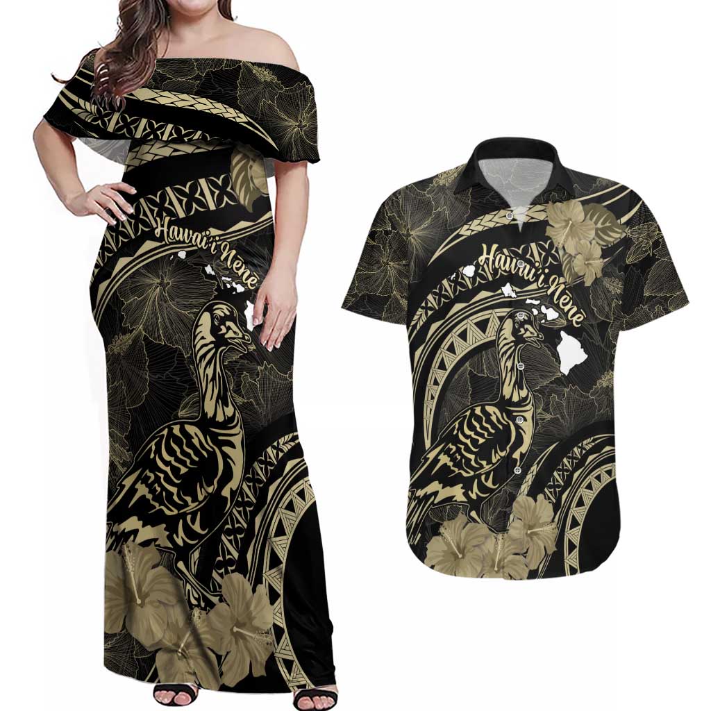 Personalised Hawaii Nene Goose Couples Matching Off Shoulder Maxi Dress and Hawaiian Shirt Hawaiian Map Hibiscus Polynesian Art - Beige LT14 Beige - Polynesian Pride