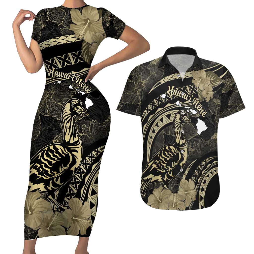 Personalised Hawaii Nene Goose Couples Matching Short Sleeve Bodycon Dress and Hawaiian Shirt Hawaiian Map Hibiscus Polynesian Art - Beige LT14 Beige - Polynesian Pride